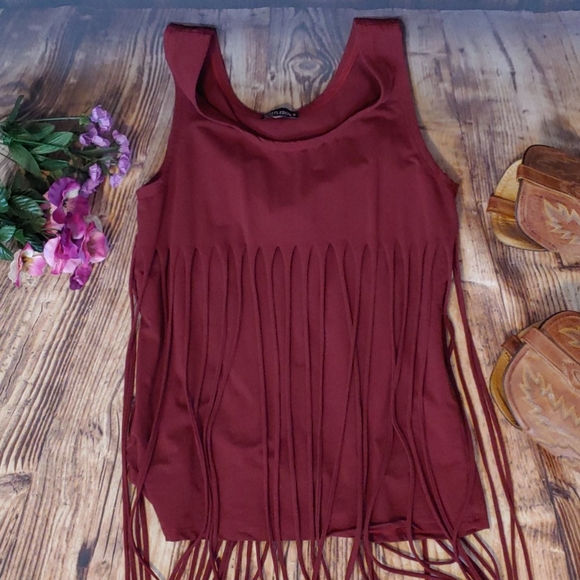 settledown Tops - Settledown stretchy fringe burgundy tank top